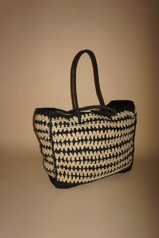 Abercrombie & Fitch Striped Resort Straw Packable Black/Tan Tote Bag