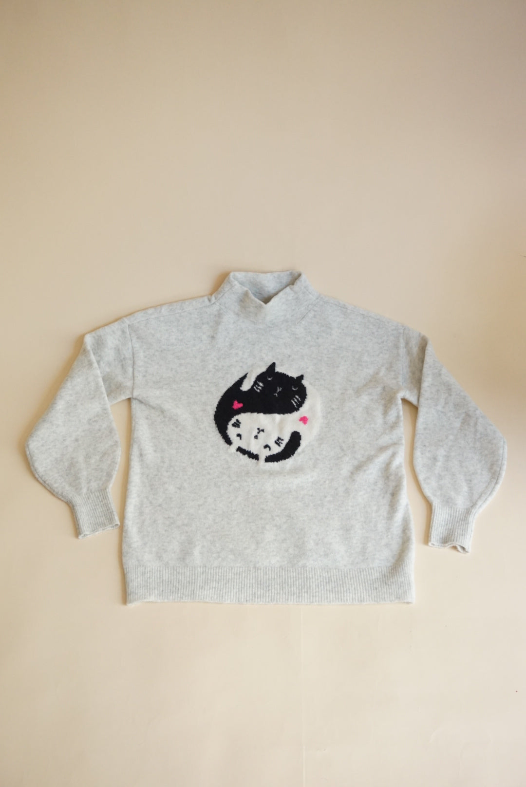 Loft Ann Taylor Kitty Ying Yang Turtle Neck Grey Wool Sweater - Size Small