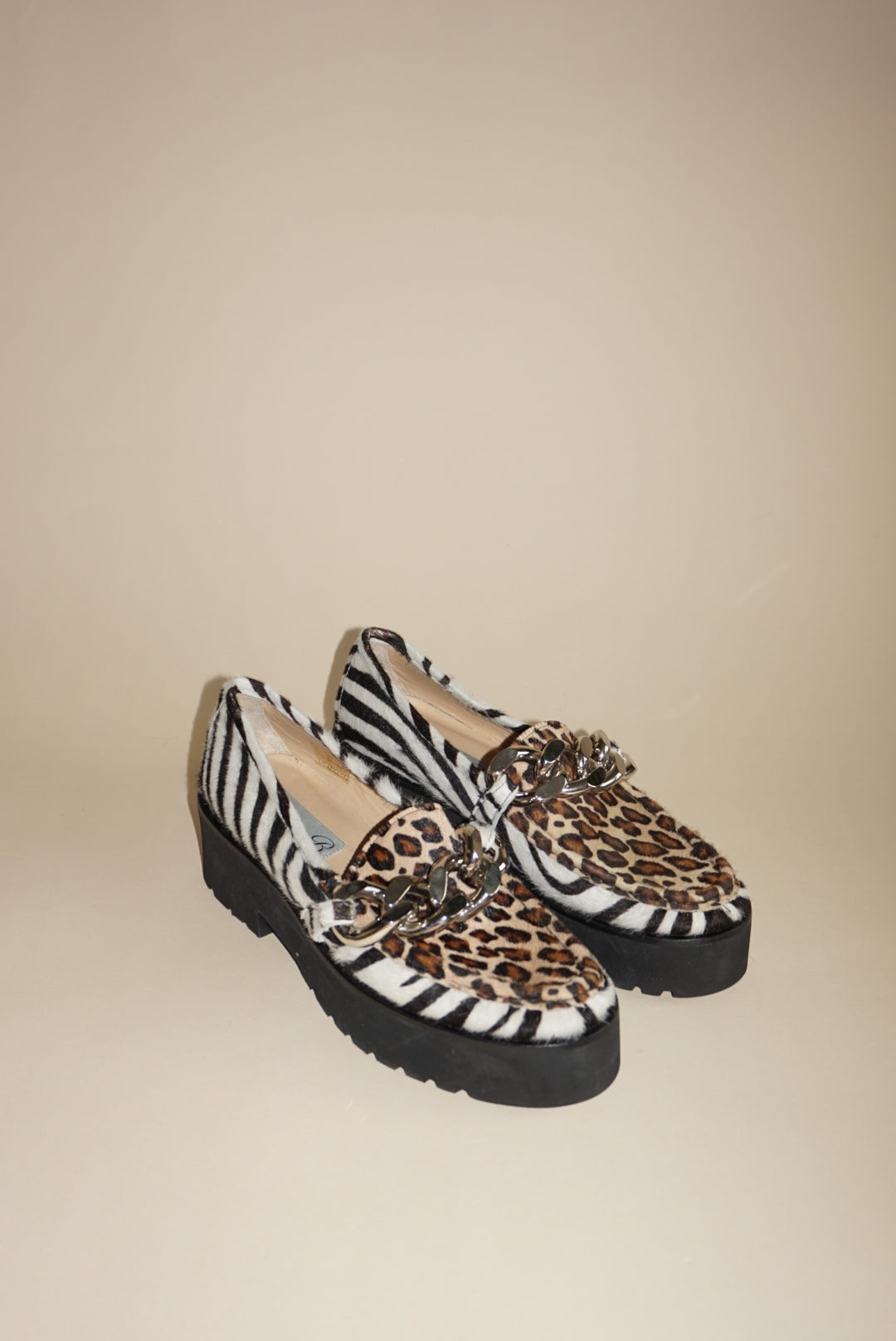 Diane B. Pony Hair Animal Print Chain Loafers - Size 37