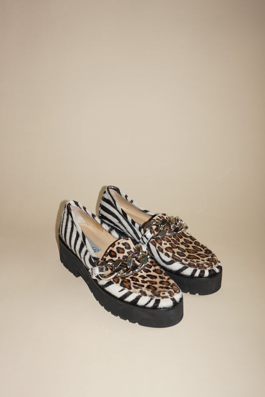 Diane B. Pony Hair Animal Print Chain Loafers - Size 37