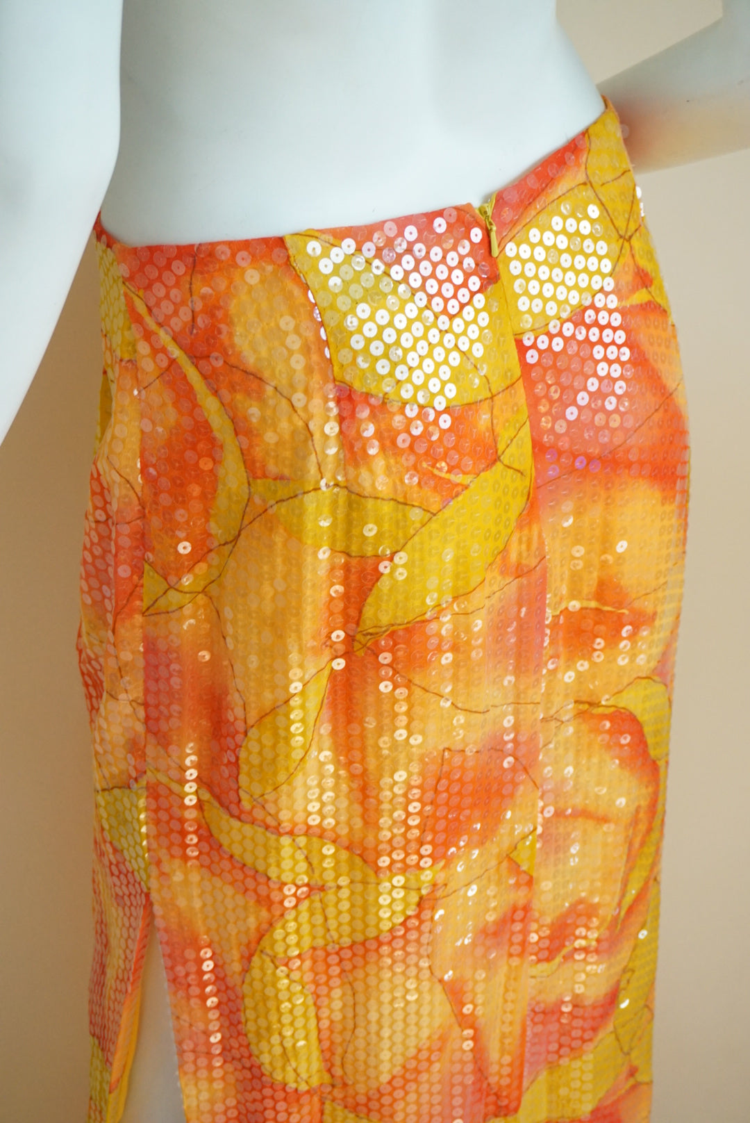 Chetta B Evening Orange Sunset Sequin Maxi Side Slit Skirt - Size 8