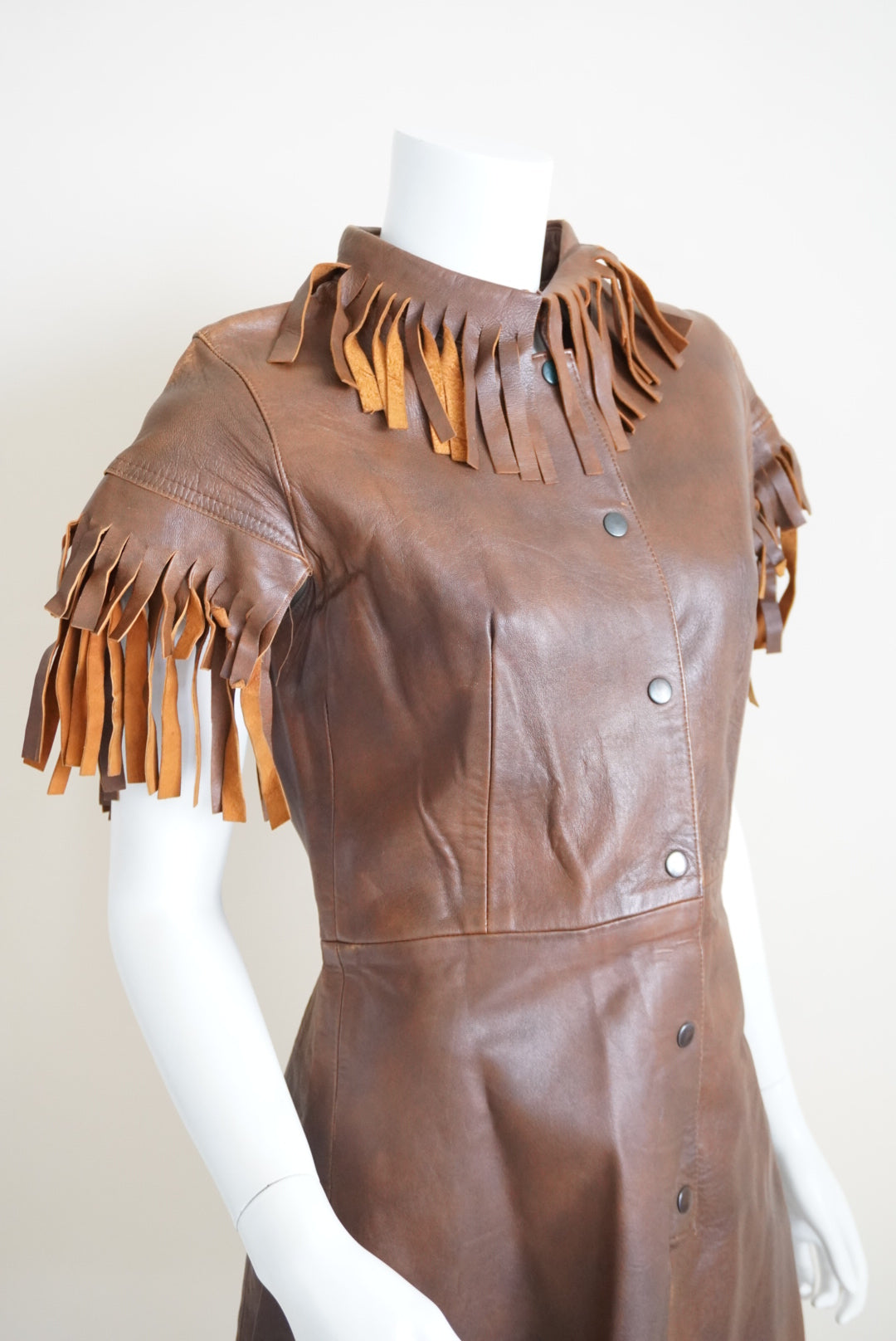 Vintage 60s/70s Bohemian-Mod Style Fringe Handmade Brown Leather Dress - Flaw