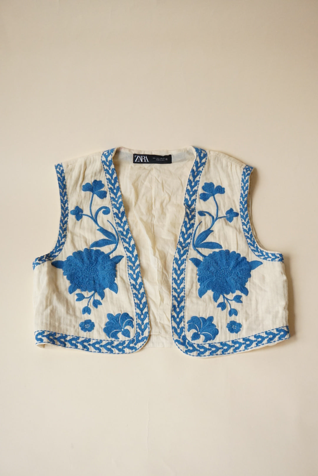 Zara Embroidered Linen Blue / Ivory Boho Vest - Size Large