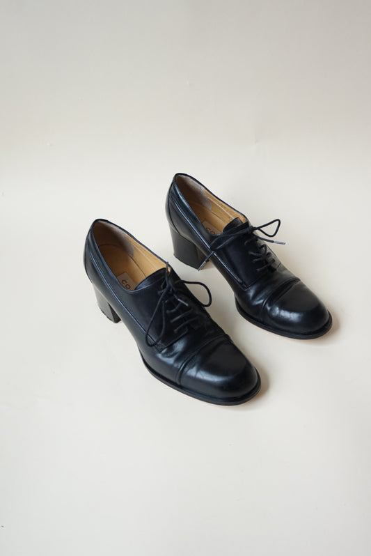 "Coach" Black Leather Oxford Cap Toe Lace Up Heel Pump - Size 6.5