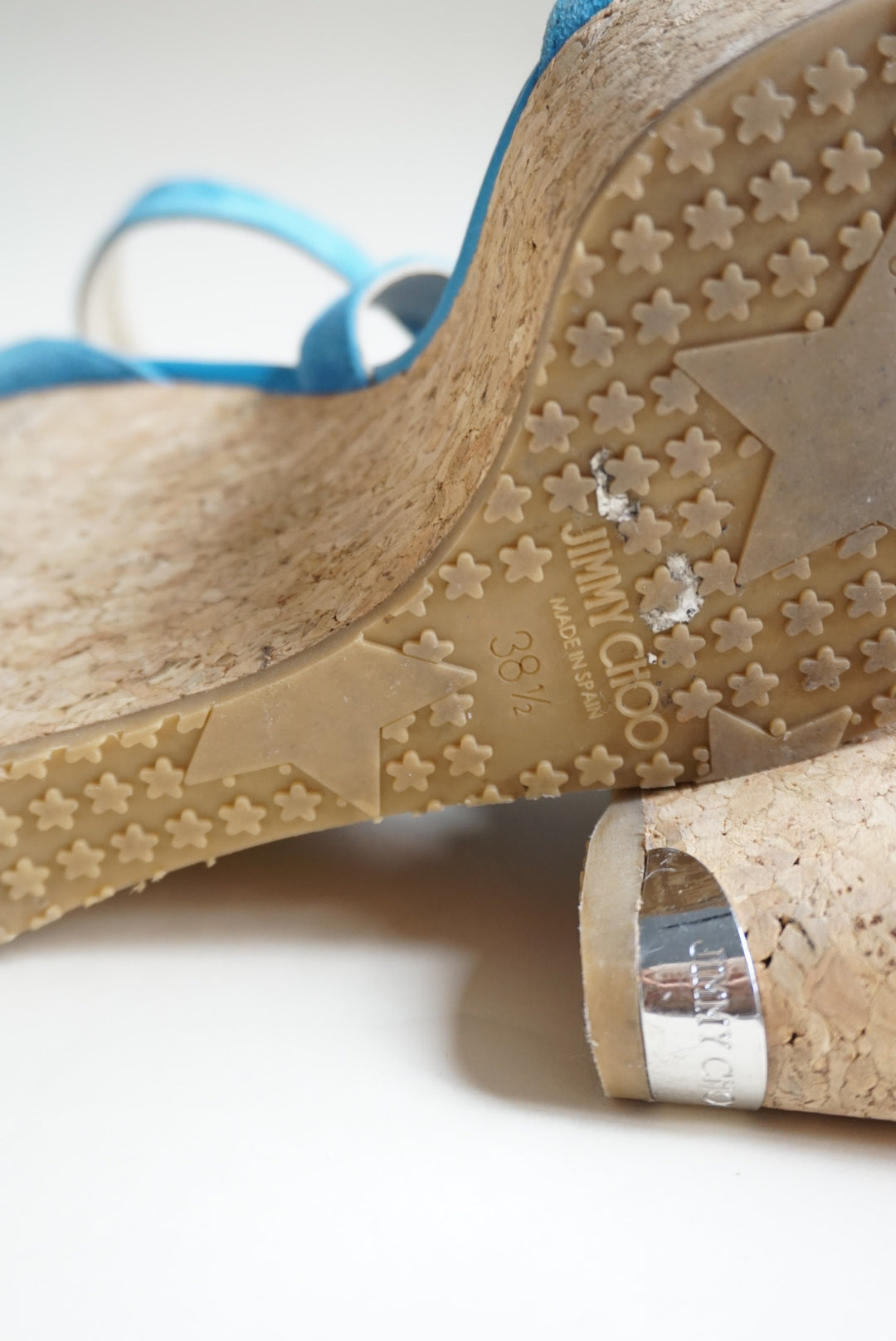 “Jimmy Choo” Blue Suede Cross Strap Cork Wedges - Size 38.5