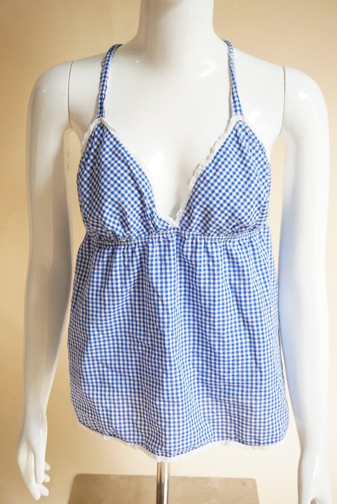 Victoria's Secret Blue Halter Gingham Lace Trim Blouse - Size Large
