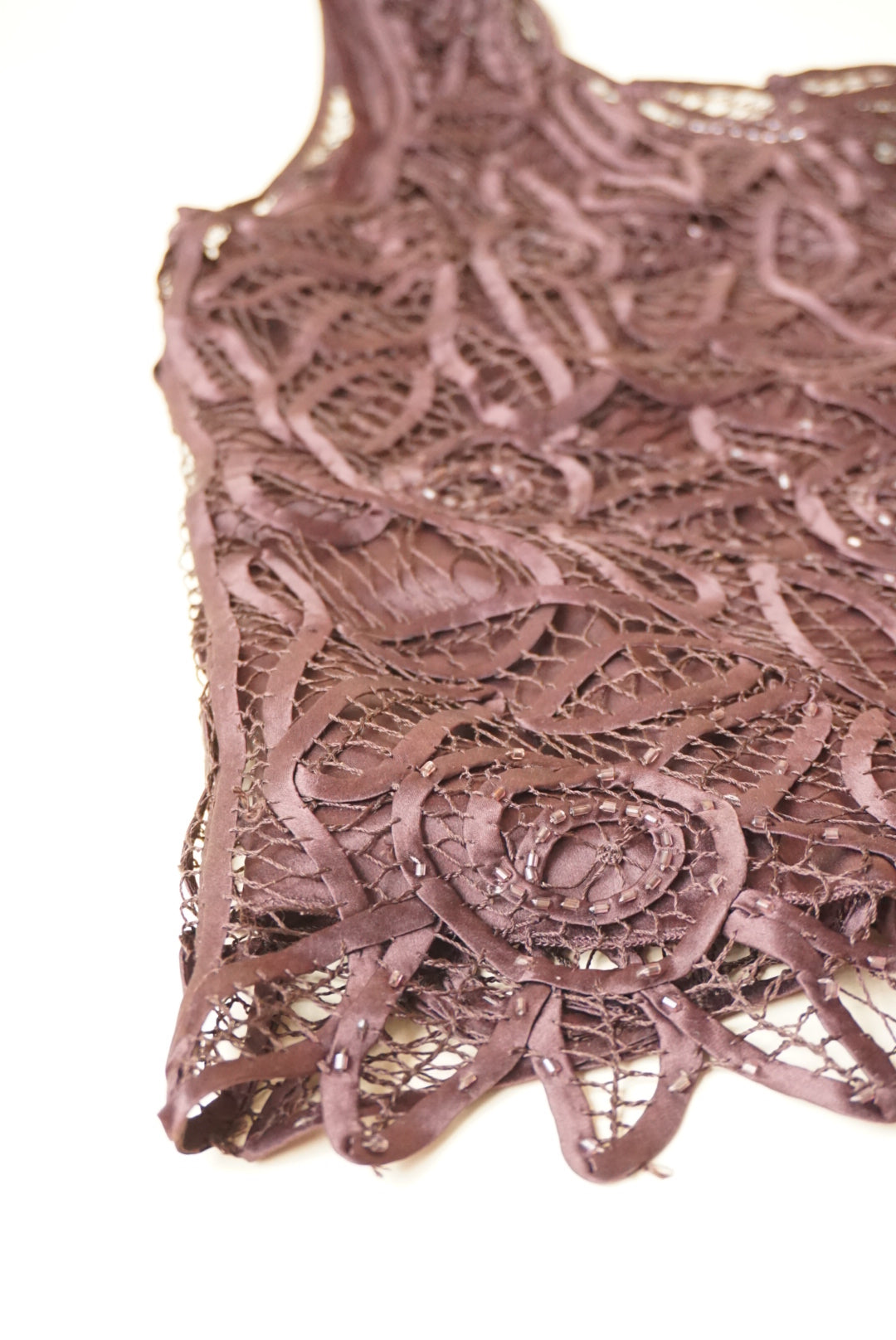 Vintage Soulmates Silk Crochet Beaded Brown Y2K Scoop Neck Tank - Size Small