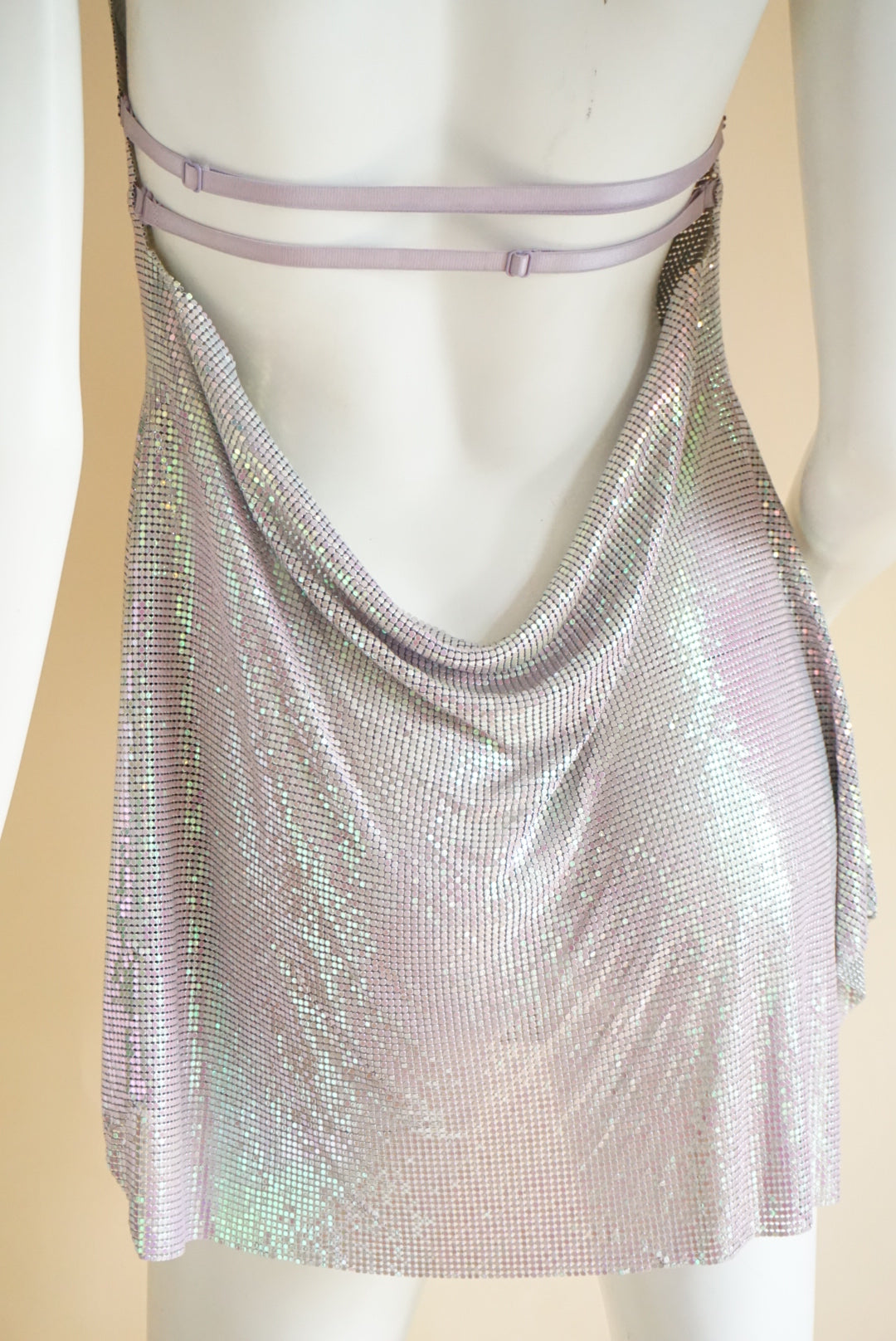 Iridescent Chain Mail Adjustable Strap Backless Mini Dress