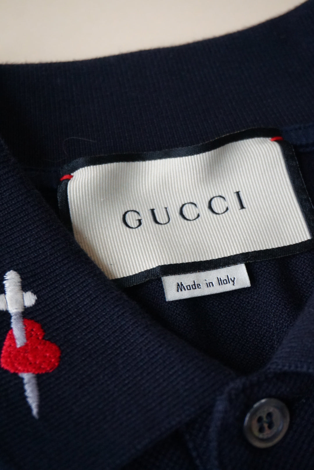 Gucci Men's Navy Embroidered Collar Detail Polo - Size XXL