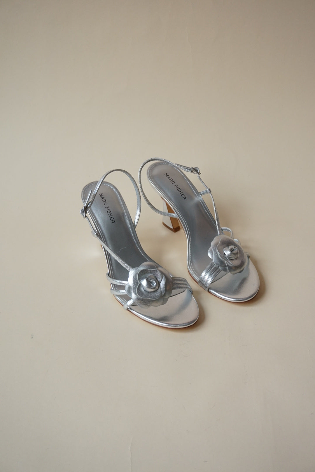 Marc Fisher Hallan Silver Rose Detail Sandal Heel - Size 9.5