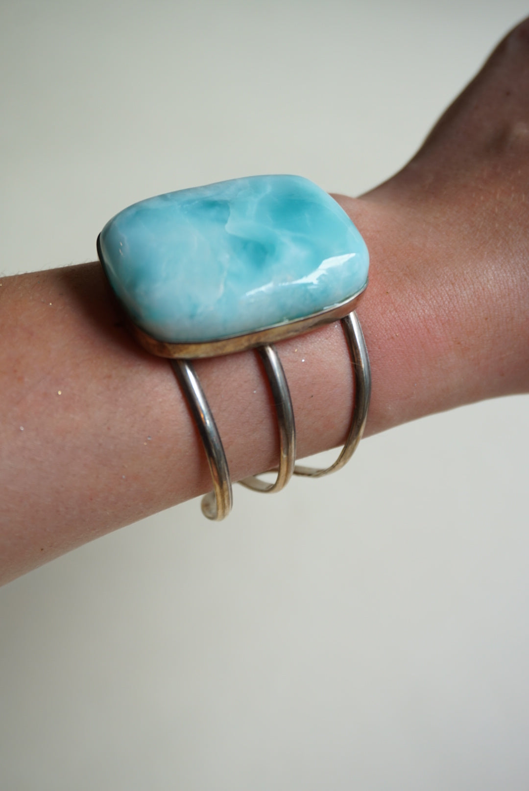 Vintage Larimar Stone Sterling Silver 925 Statement Cuff