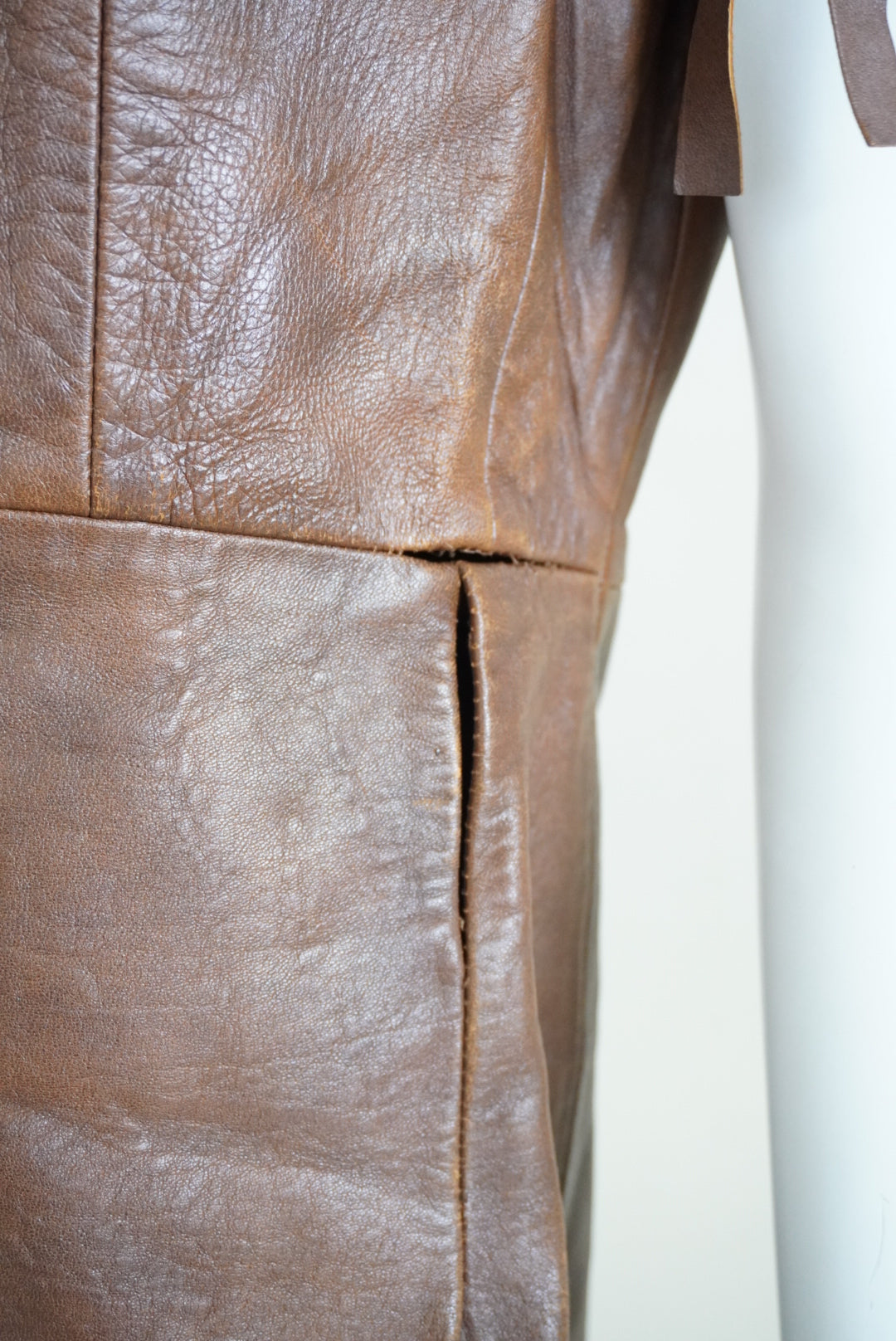 Vintage 60s/70s Bohemian-Mod Style Fringe Handmade Brown Leather Dress - Flaw