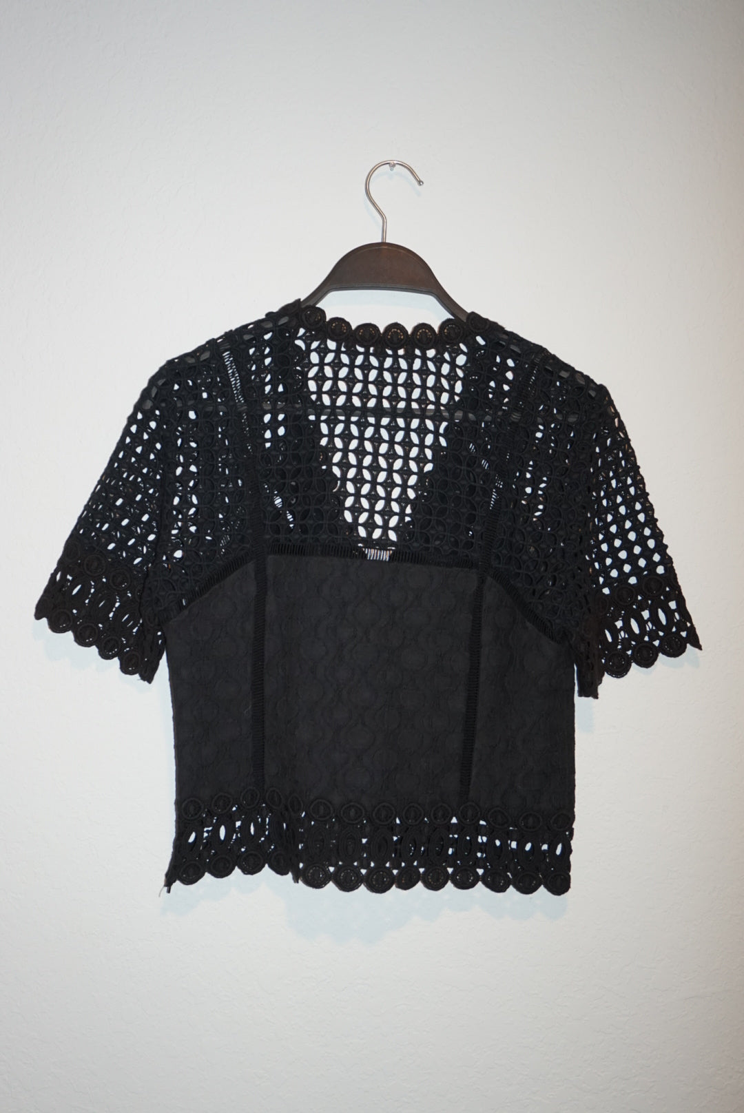 "Rebecca Taylor" Crochet Black Cropped Lace Top - Size XS
