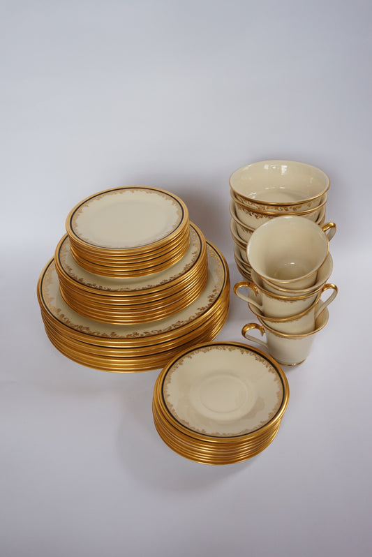 LENOX VTG RARE Discontinued ECLIPSE Gold / Black Trim Creme China Set - 45pcs