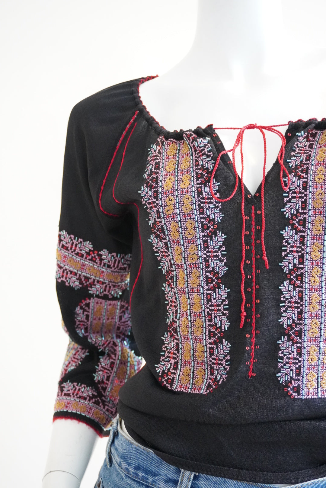 DKNY Vintage Silk Peasant Beaded Blouse - Size Medium