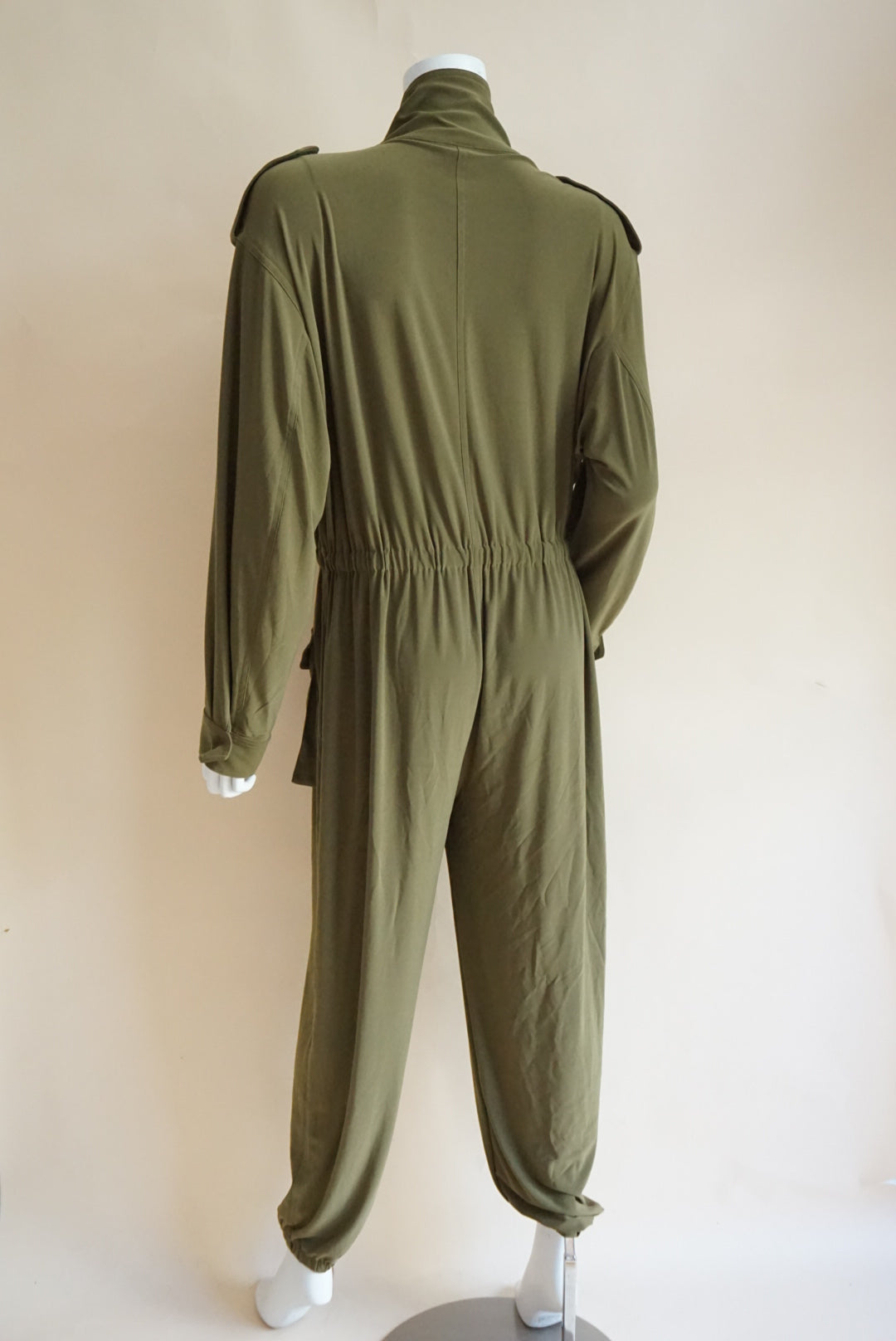 Norma Kamali Olive Green Utility Cargo Lycra Jumpsuit - Size Large