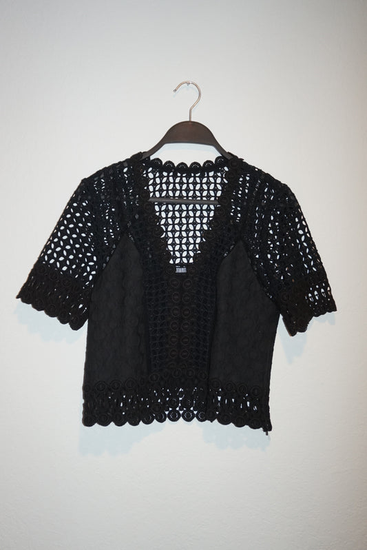 "Rebecca Taylor" Crochet Black Cropped Lace Top - Size XS