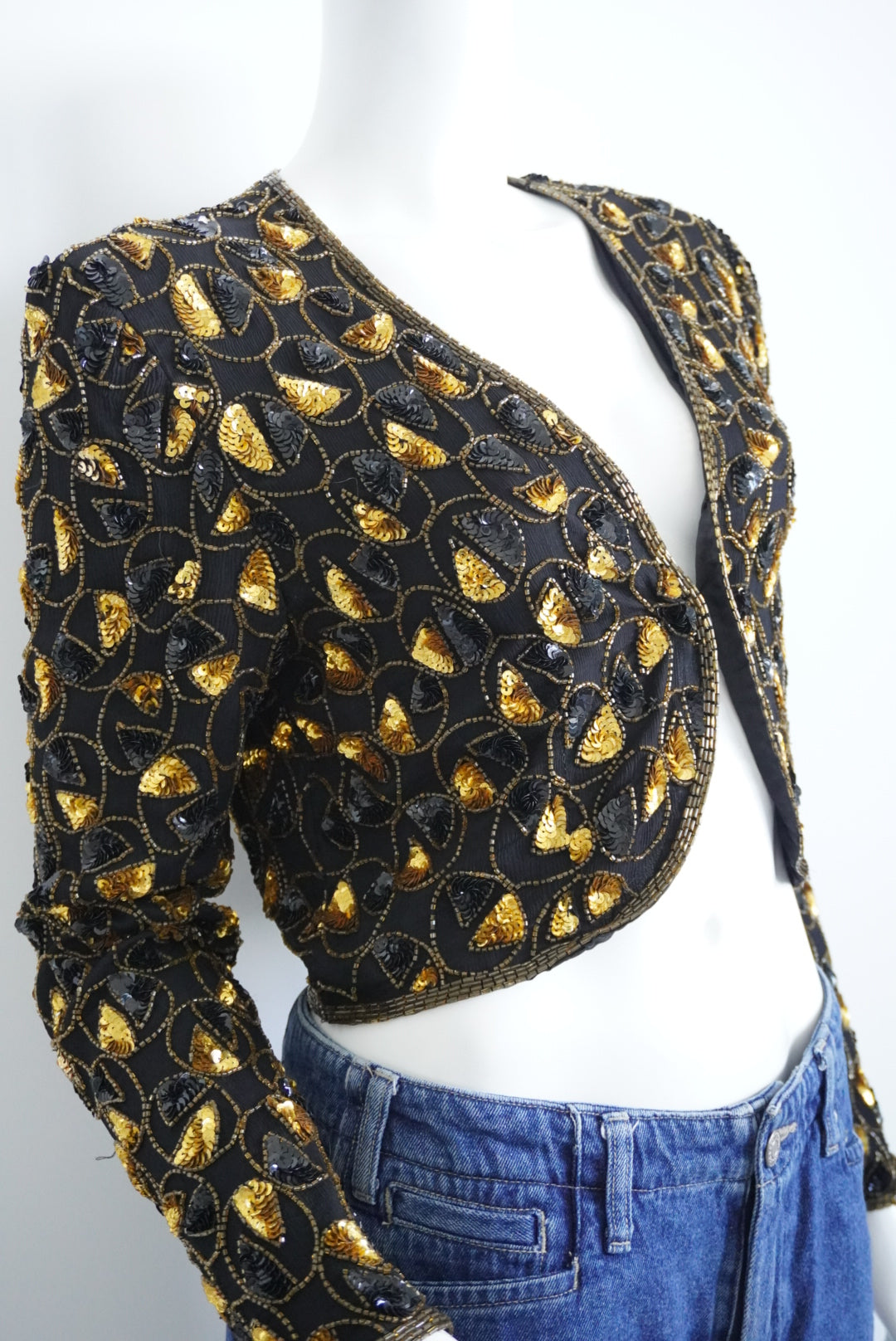 Papell Boutique Beaded Black and Gold Bolero Silk Evening Jacket - Size L
