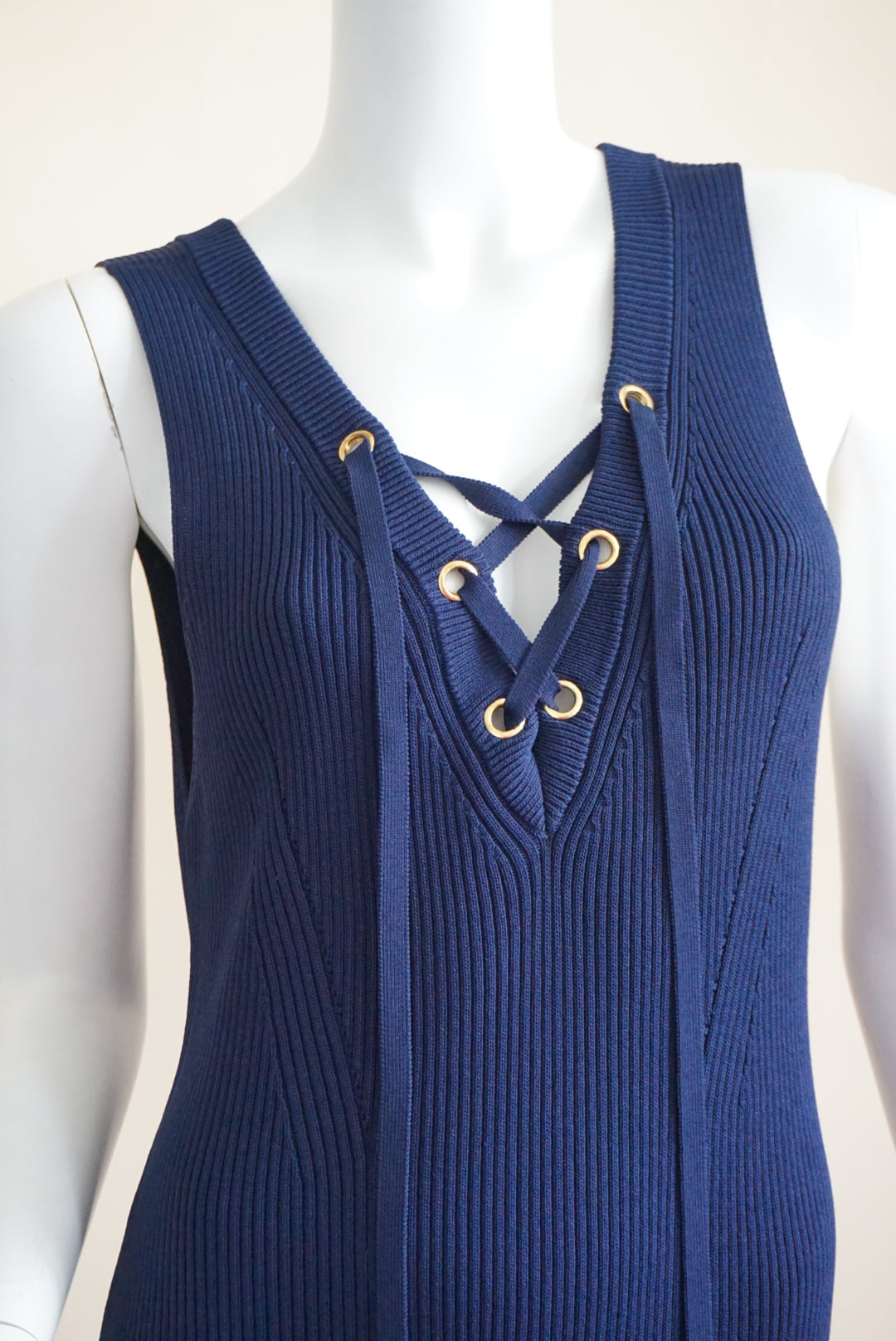 Michael Kors Navy Ribbed Knit Sleeveless Midi Dress - XL