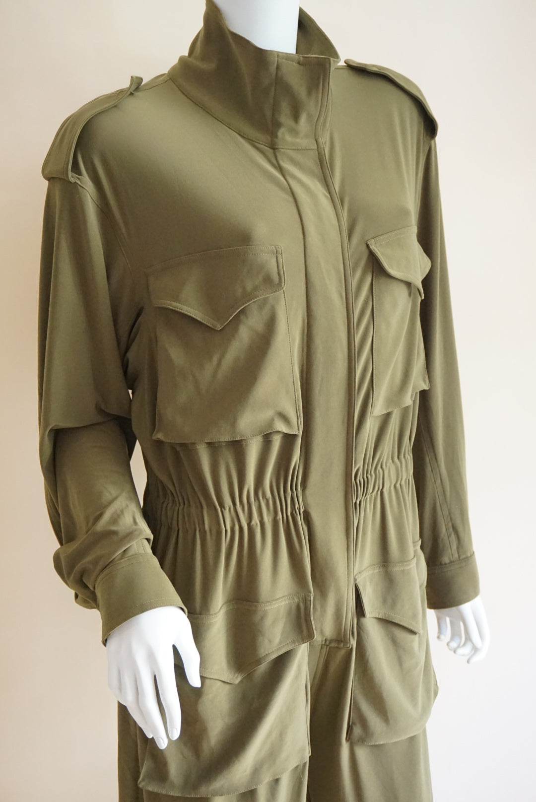 Norma Kamali Olive Green Utility Cargo Lycra Jumpsuit - Size Large