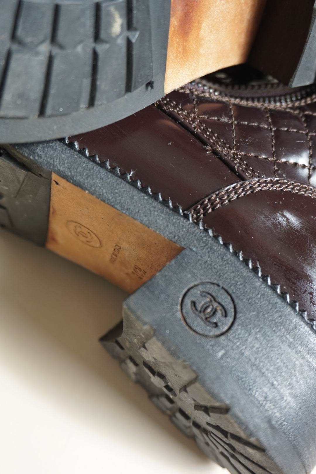 “Chanel” Dark Burgundy Shiny Calfskin Quilted CC Lace Up Combat Boots - Size 36.5