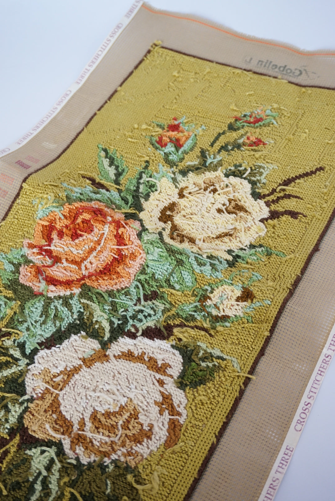 VTG Unframed Needlepoint Sage Floral Bouquet Gobelin Collection D'Art 19.25" x 9.75"