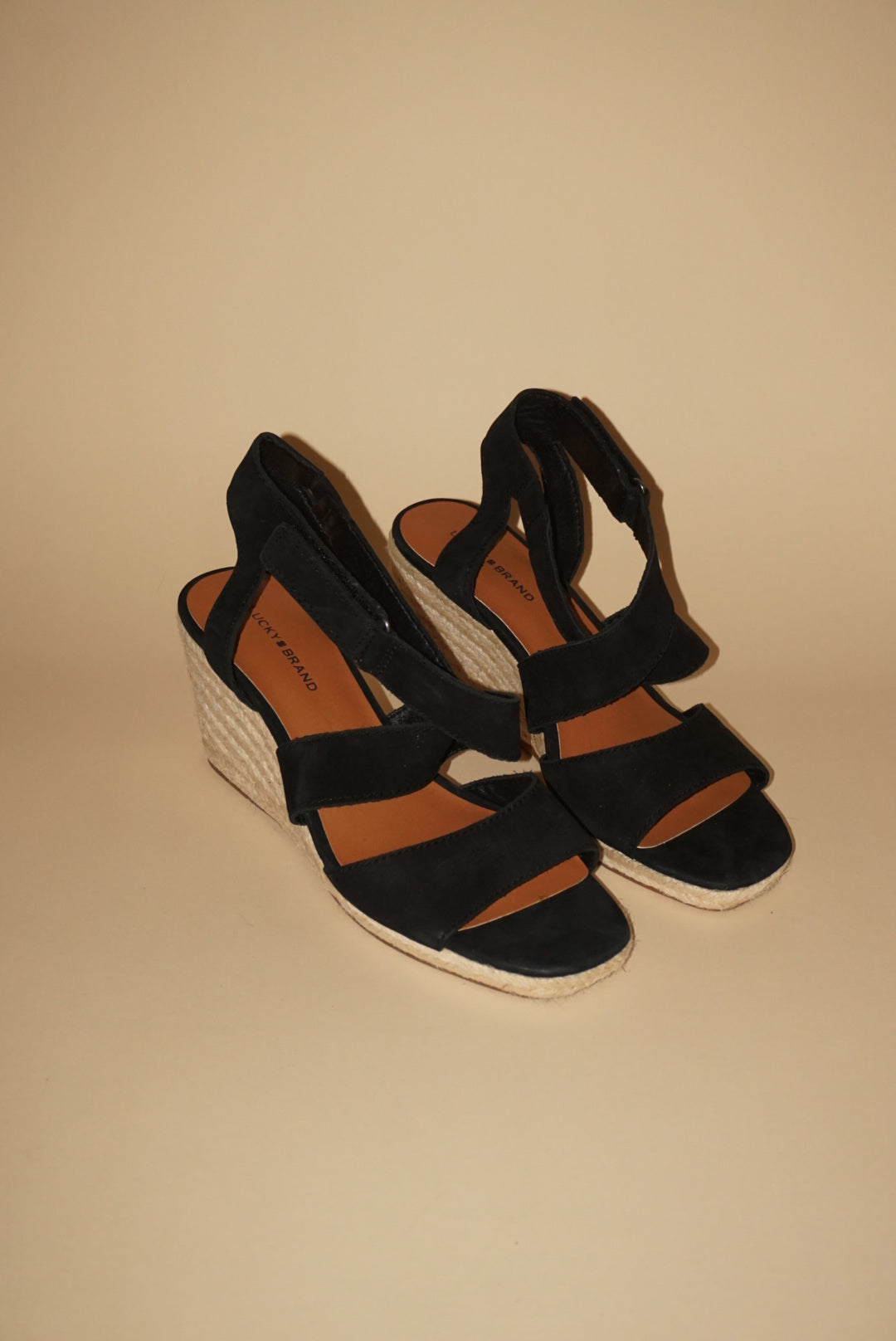 Lucky Brand Mendona Espadrille Wedge Black Suede Sandal - Size 8.5