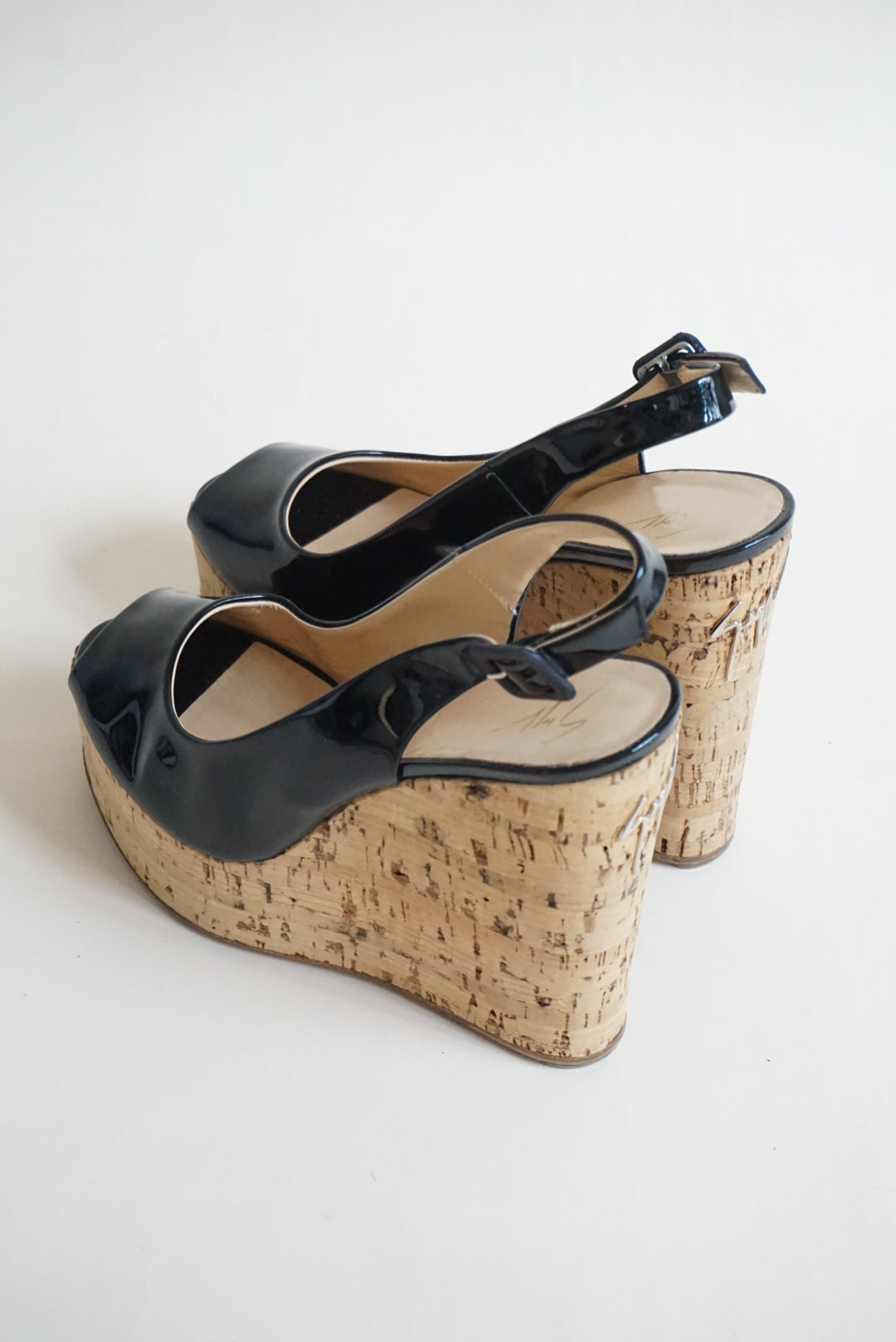 Giuseppe Zanotti Black Patent Leather Peep Toe Cork Wedges - Size 38
