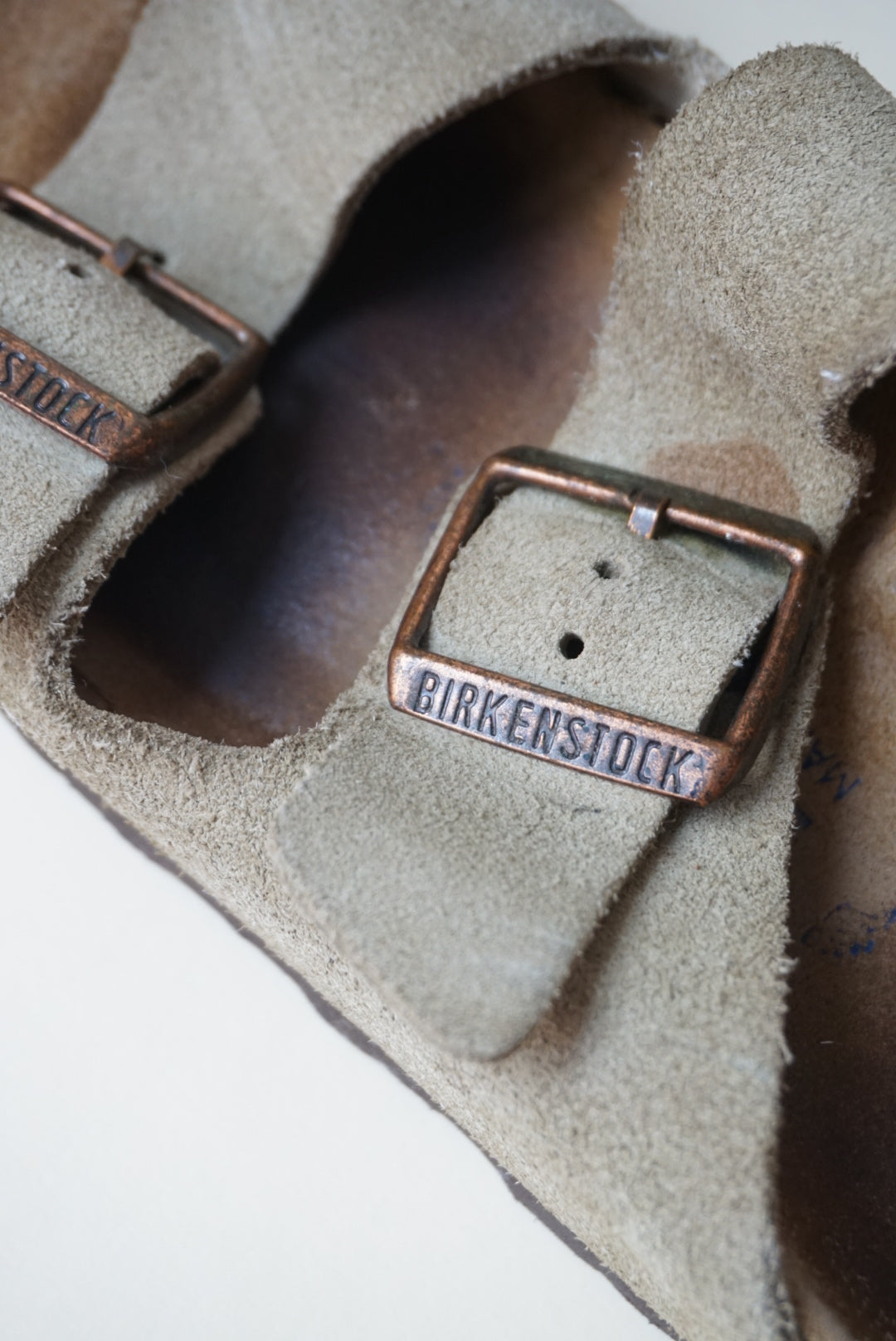 "Birkenstock" Arizona Suede Taupe "Betula" Leather Slide Sandals - Size 38