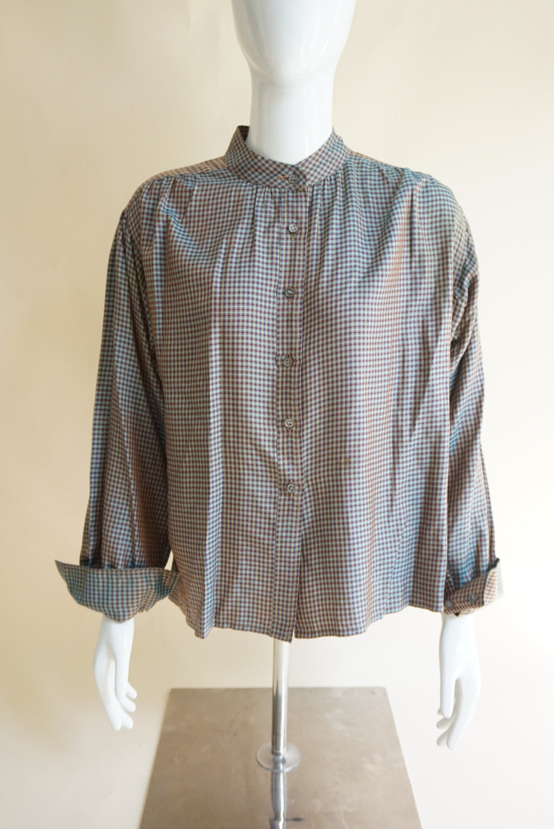 Saint Laurent Rive Gauche VTG Iridescent Mandarin Collar Silk Plaid Blouse - Size 40