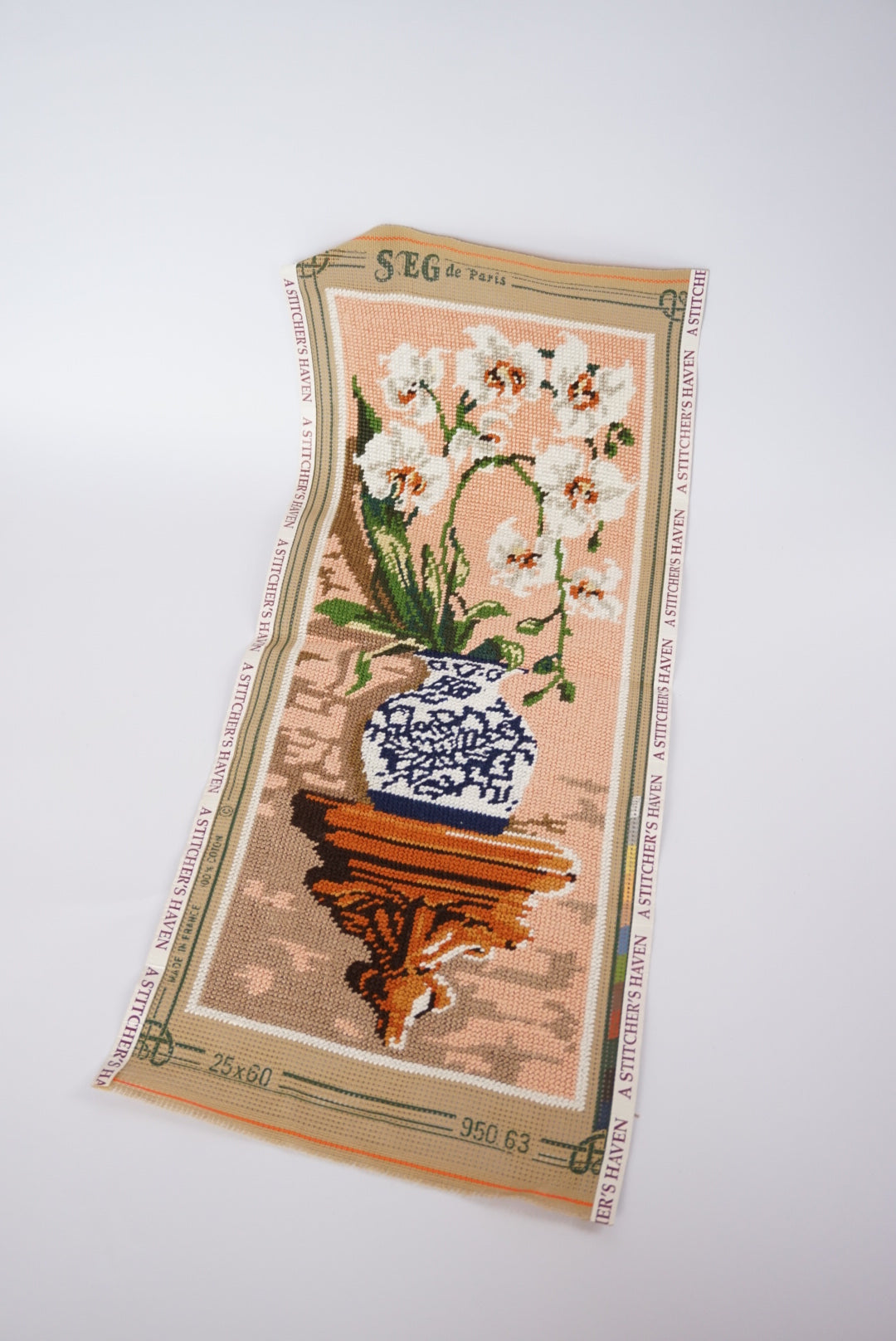 VTG Unframed Needlepoint Orchids SEG de Paris 19.5" x 7.25"