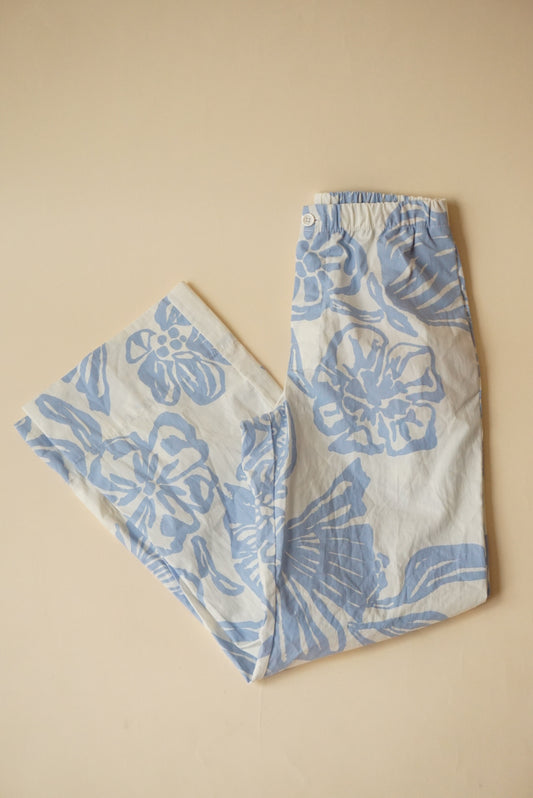 Zara Blue and White Floral Abstract Print Cotton Pants - Size XS