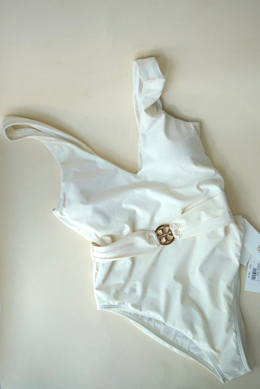 “Tory Burch” One Piece “Miller” Plunge White Logo Belted Swimsuit NWT - Size Large