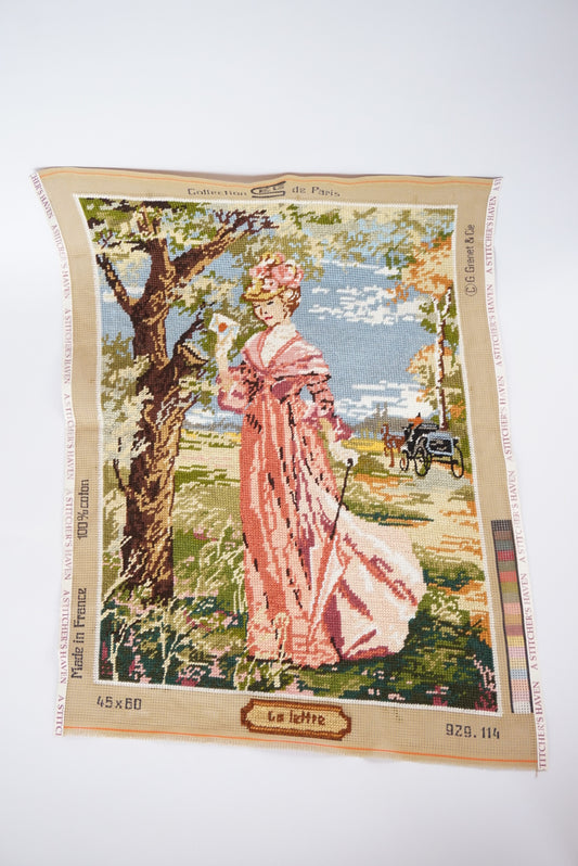 VTG Unframed Needlepoint Victorian Lady in Pink Dress Gobelin Collection D'Art 20" x 14.25"