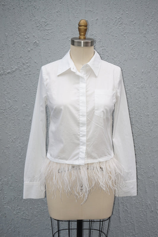 "Milly" White Ostrich Feather Trim Cotton Button Down - Size 2