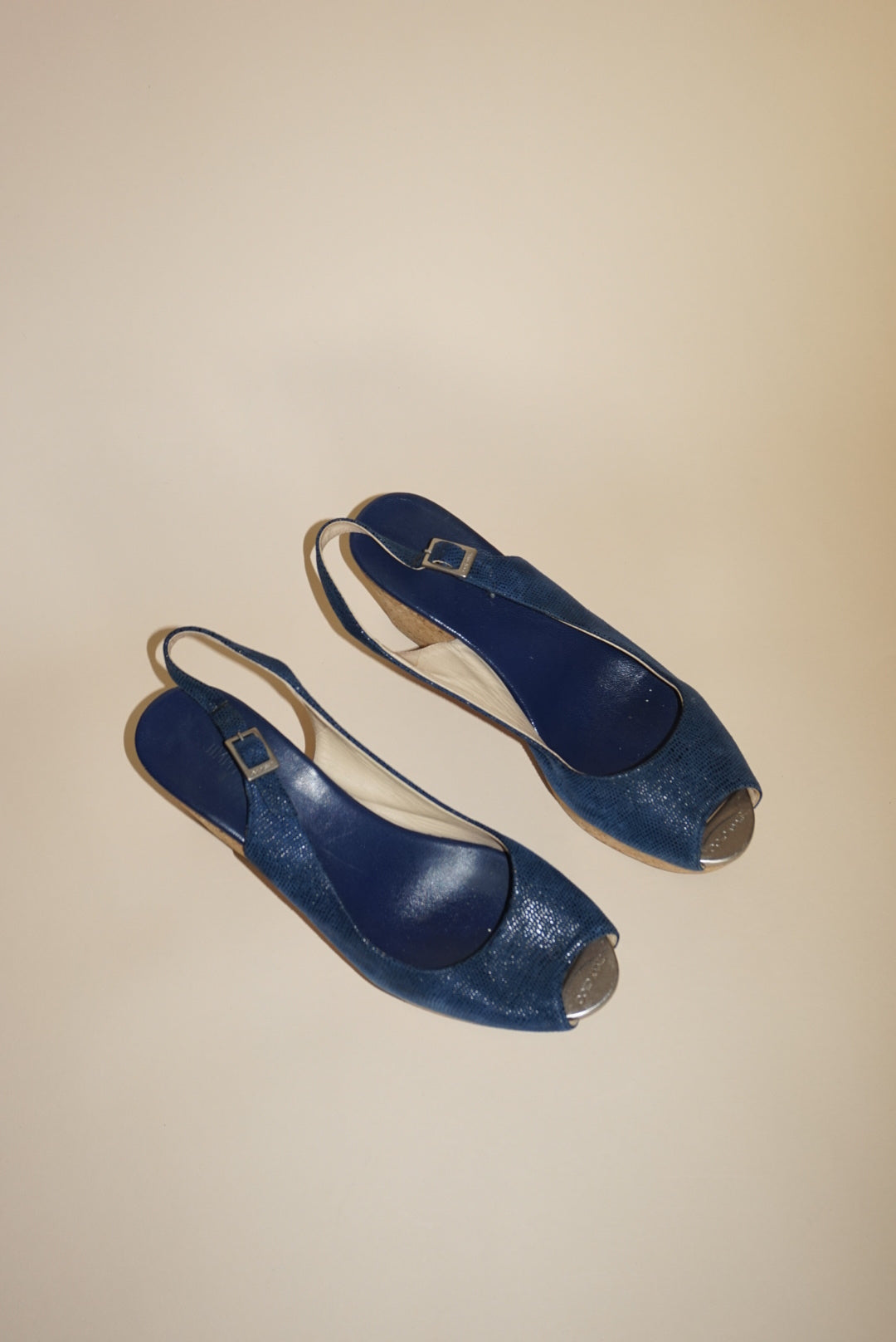 “Jimmy Choo” Royal Blue Slingback Cork Wedges - Size 38