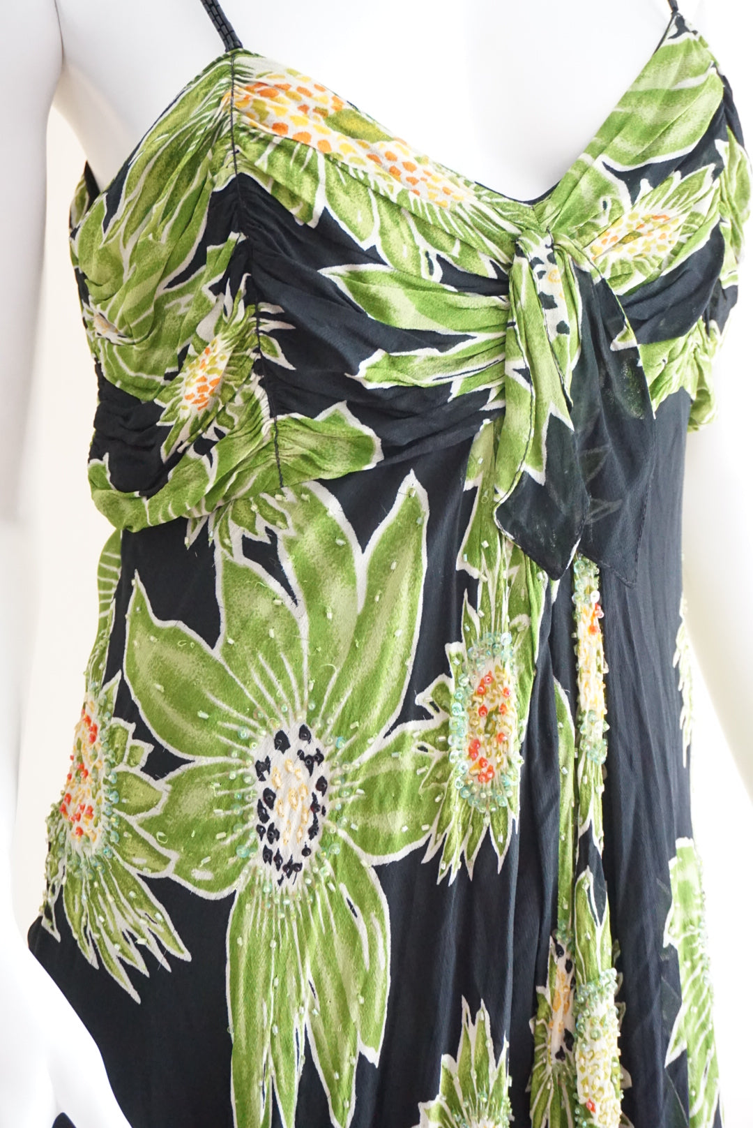 Eva Blue Beaded Green / Black Floral Slip Dress - Size 12