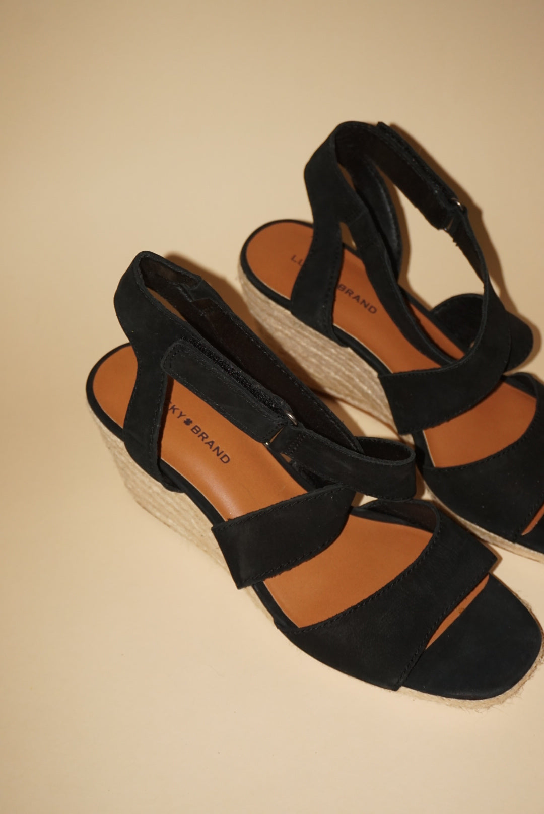 Lucky Brand Mendona Espadrille Wedge Black Suede Sandal - Size 8.5