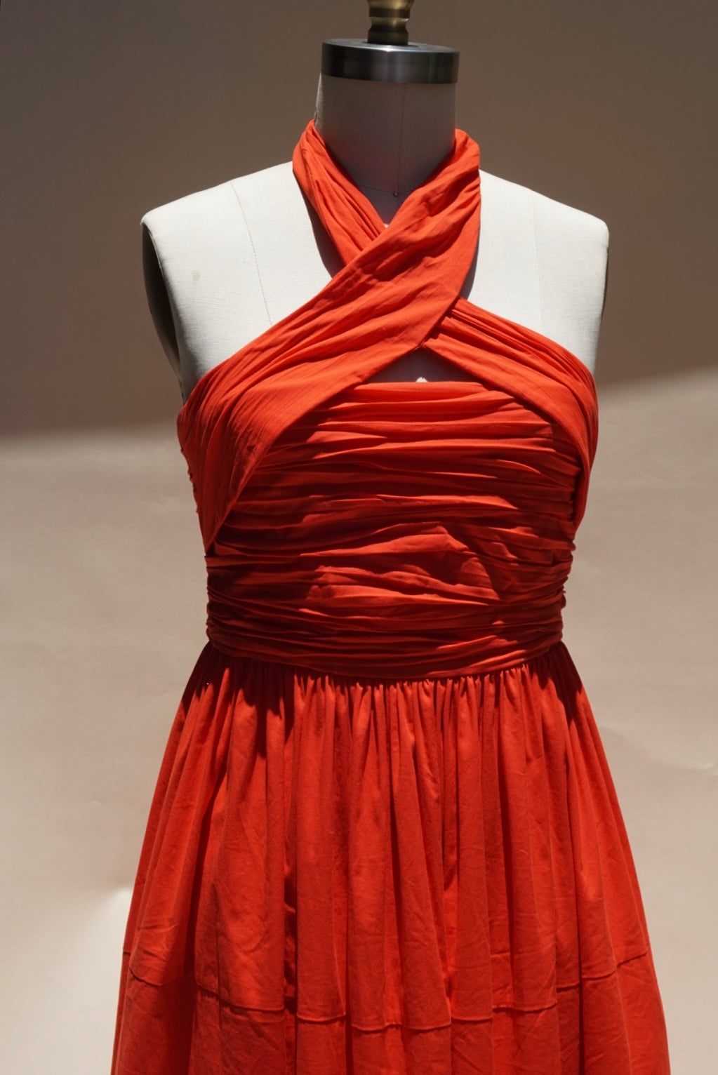 "Cinq à Sept" Halter Neck Poplin Gathered Midi Orange "Taylen" Dress - Size 6