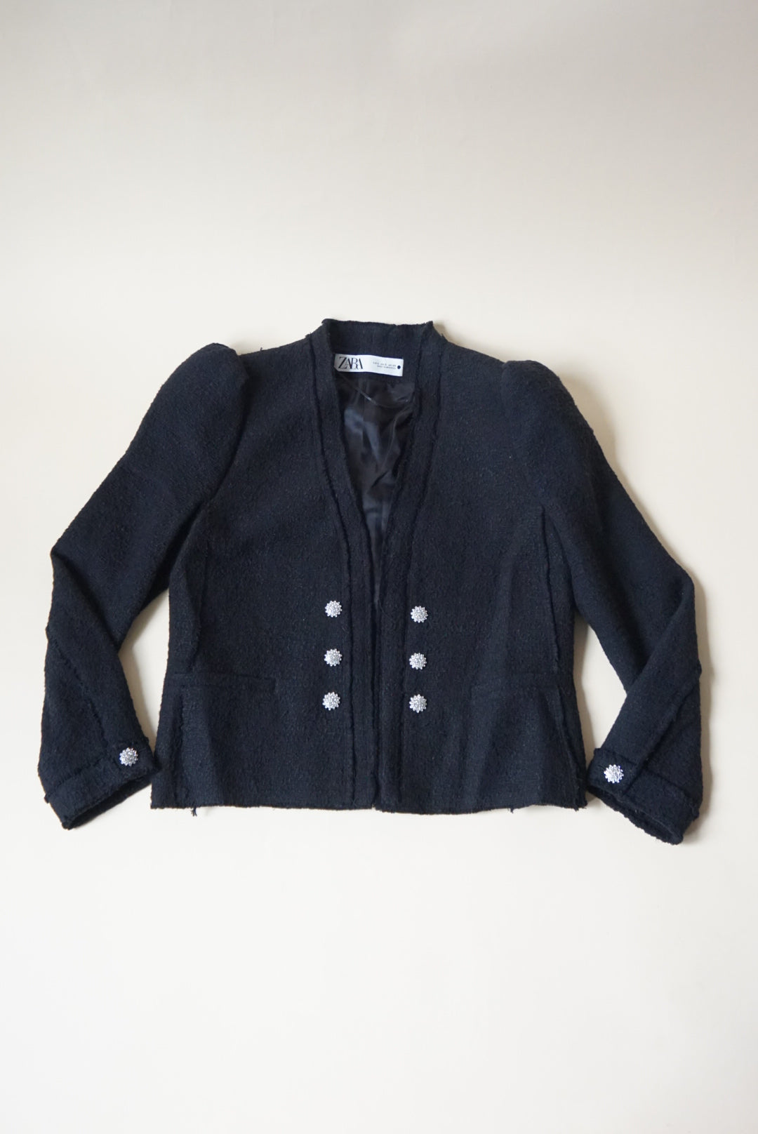 Zara Boucle Tweed Black Rhinestone Button Blazer - Size Small