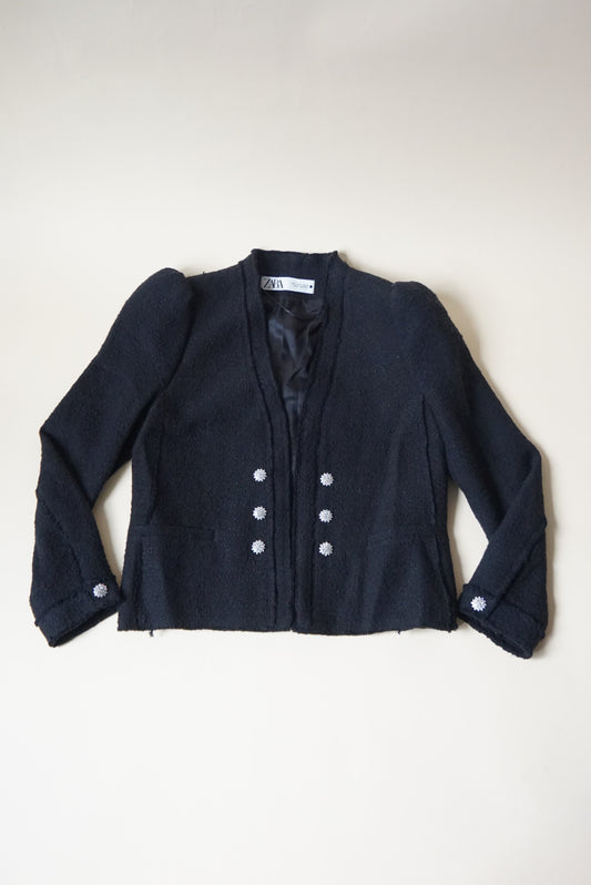 Zara Boucle Tweed Black Rhinestone Button Blazer - Size Small