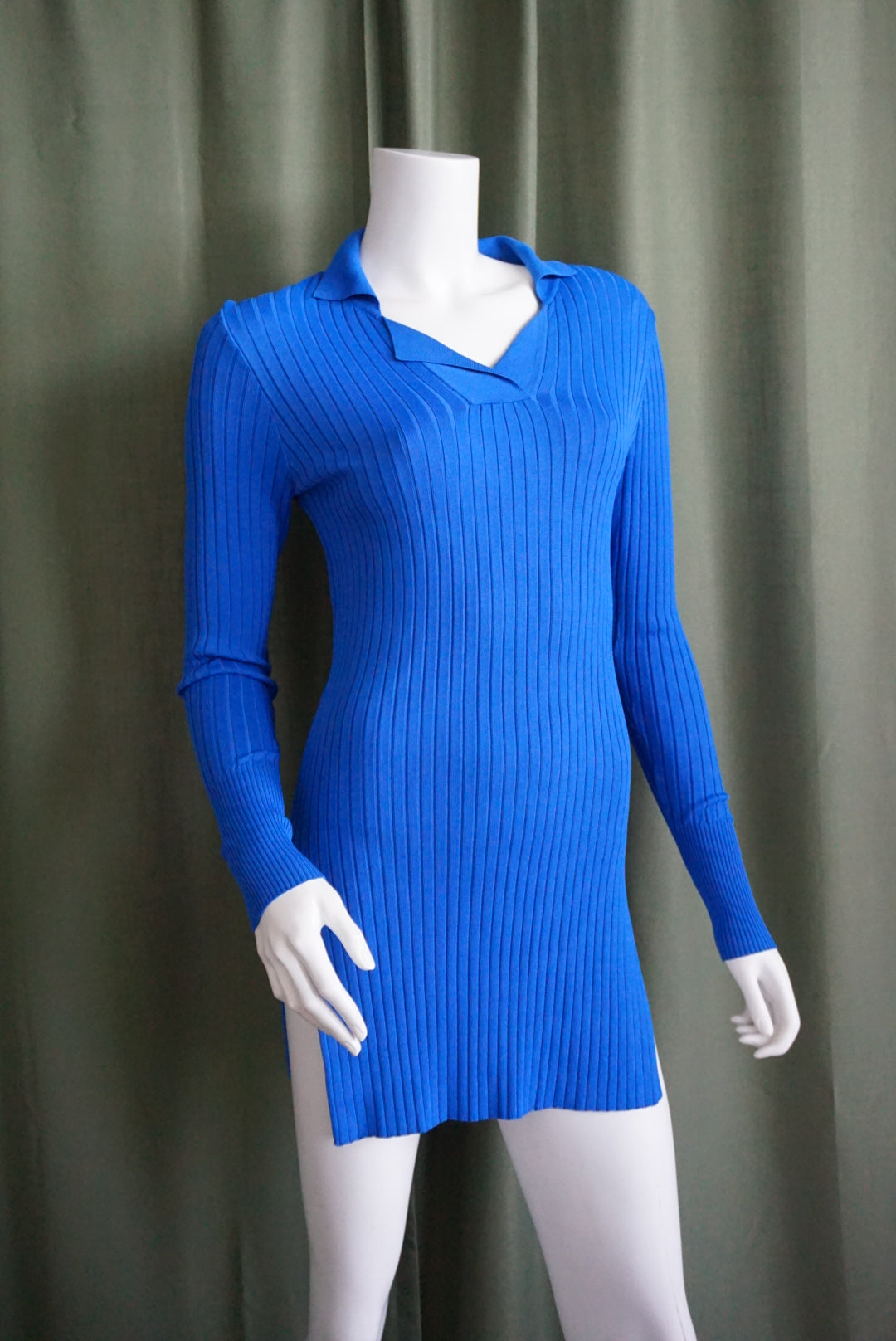 Zara Blue Ribbed Knit Polo Tunic/Mini Dress - Size Small