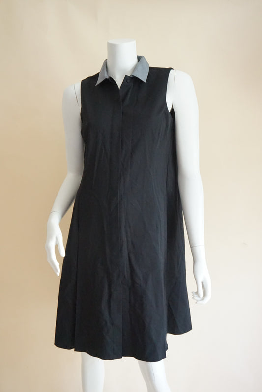 Jil Sander Navy Pleated Sleeveless Black Wool Collared Shift Dress - Size 36