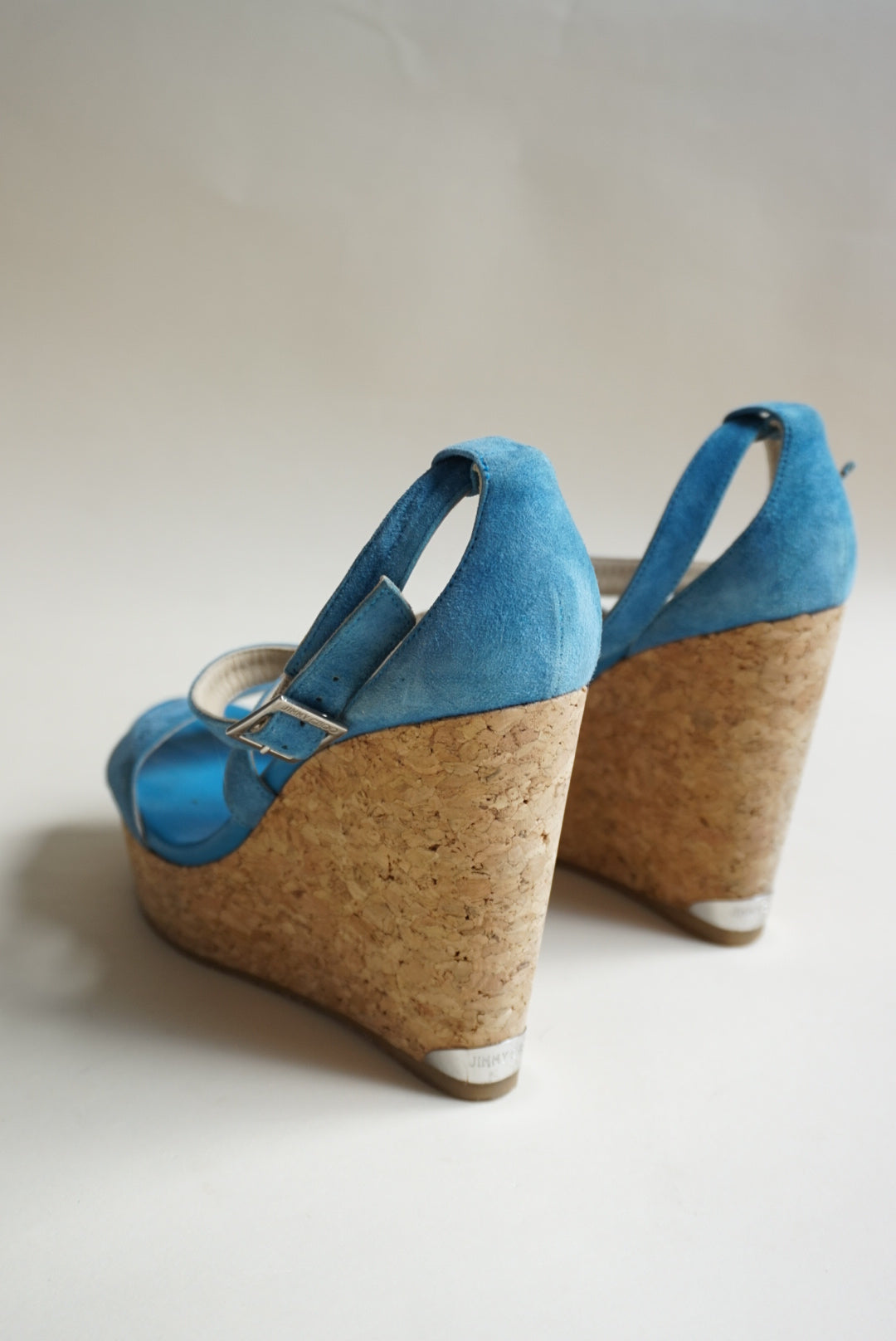 “Jimmy Choo” Blue Suede Cross Strap Cork Wedges - Size 38.5