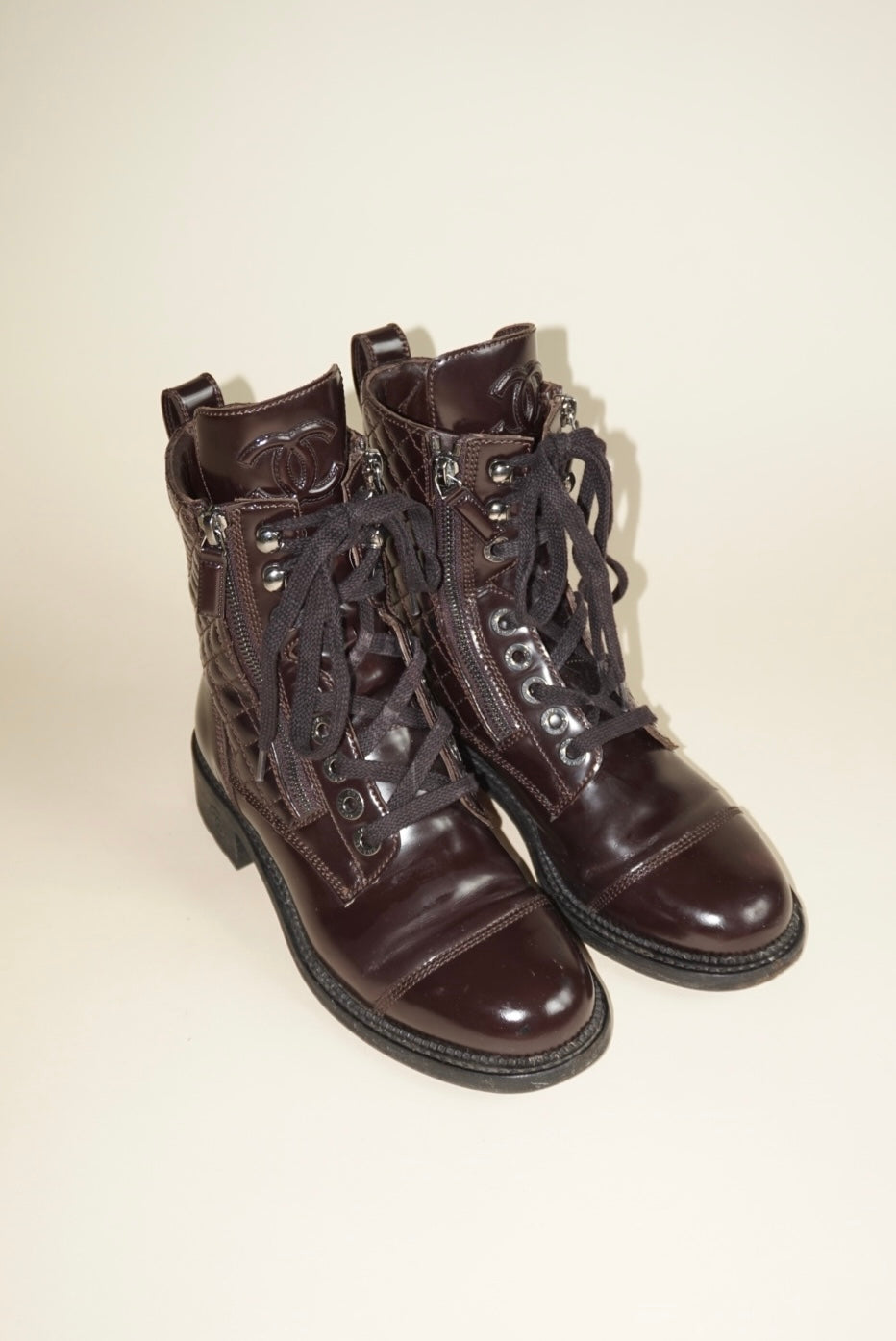 “Chanel” Dark Burgundy Shiny Calfskin Quilted CC Lace Up Combat Boots - Size 36.5