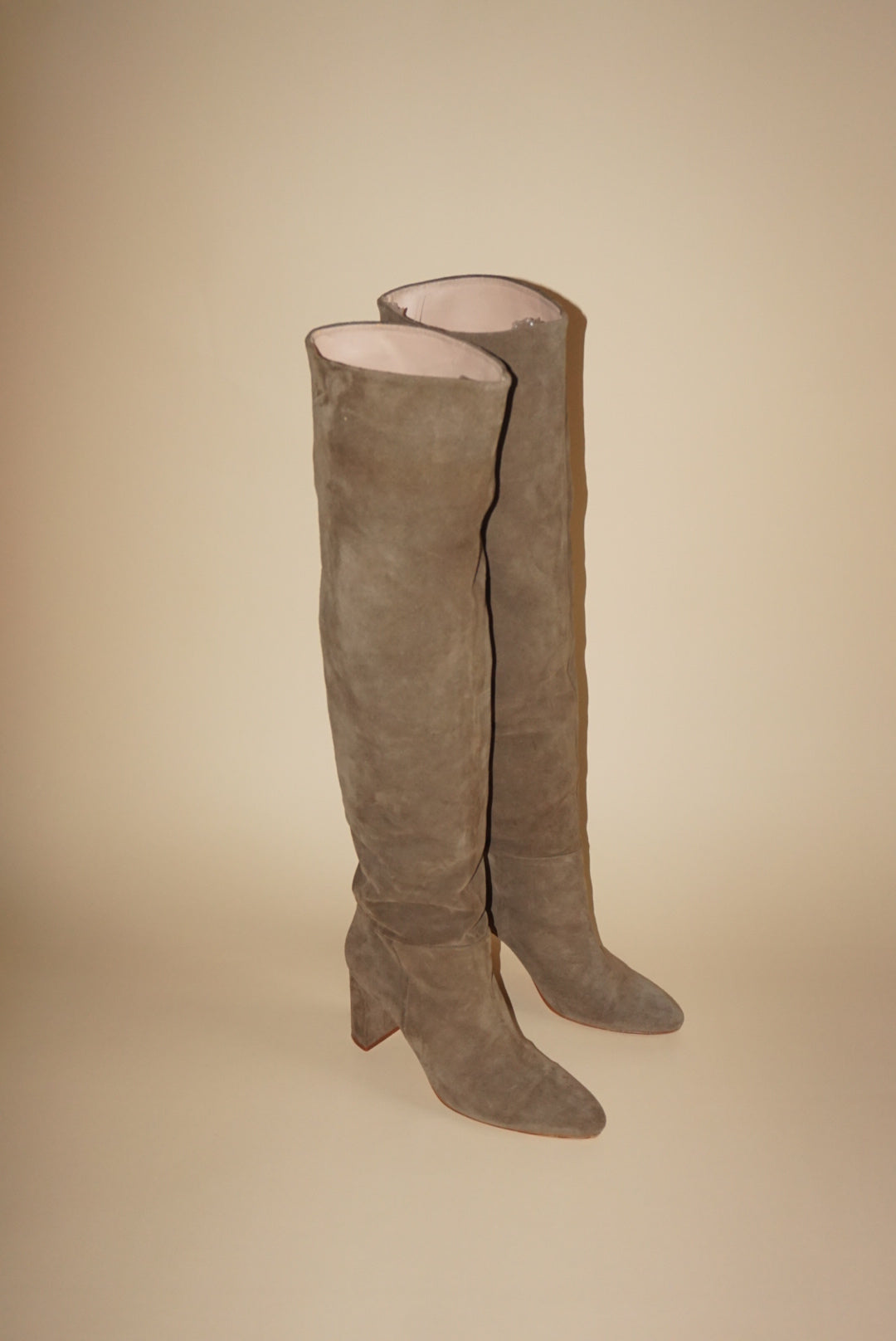 Zara Suede Leather Beige Knee High Boots - Size 39