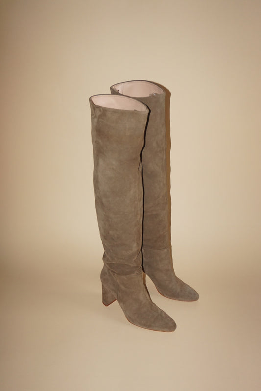 Zara Suede Leather Beige Knee High Boots - Size 39