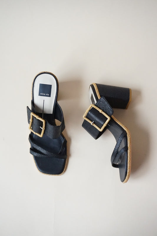 Dolce Vita Onnie Raffia Bamboo Block Open Toe Sandal Heel - Size 10