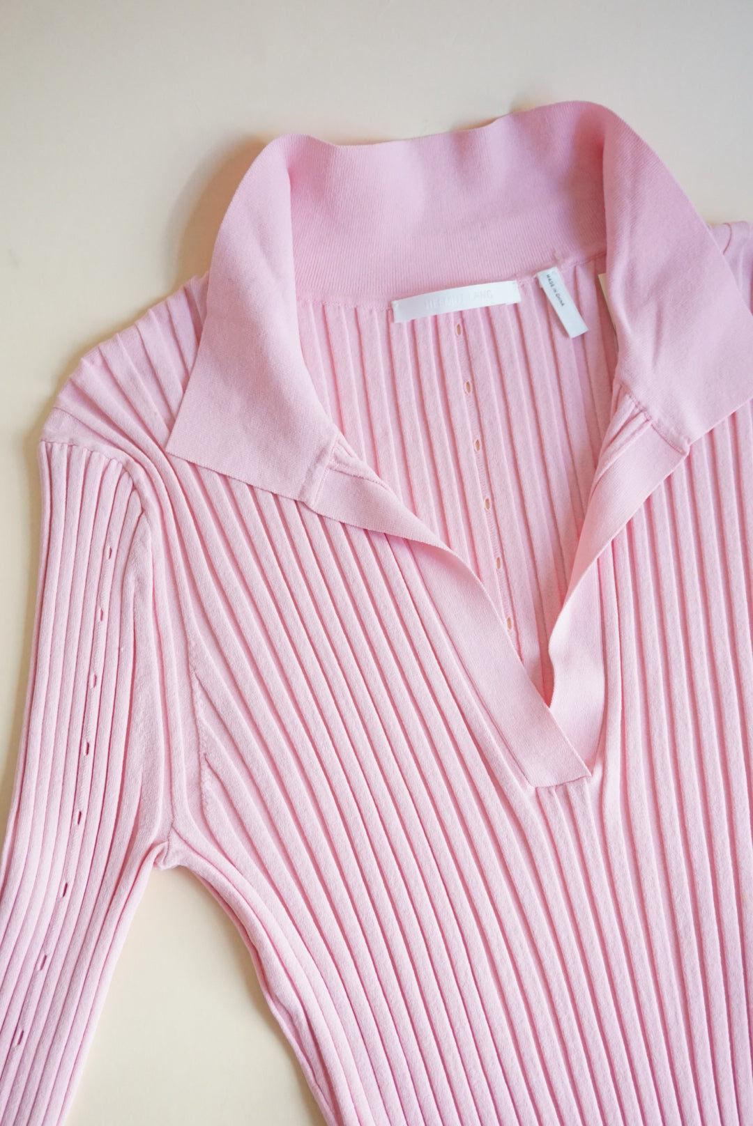Helmut Lang Pink Ribbed Knit Slash Polo Top - Size Large