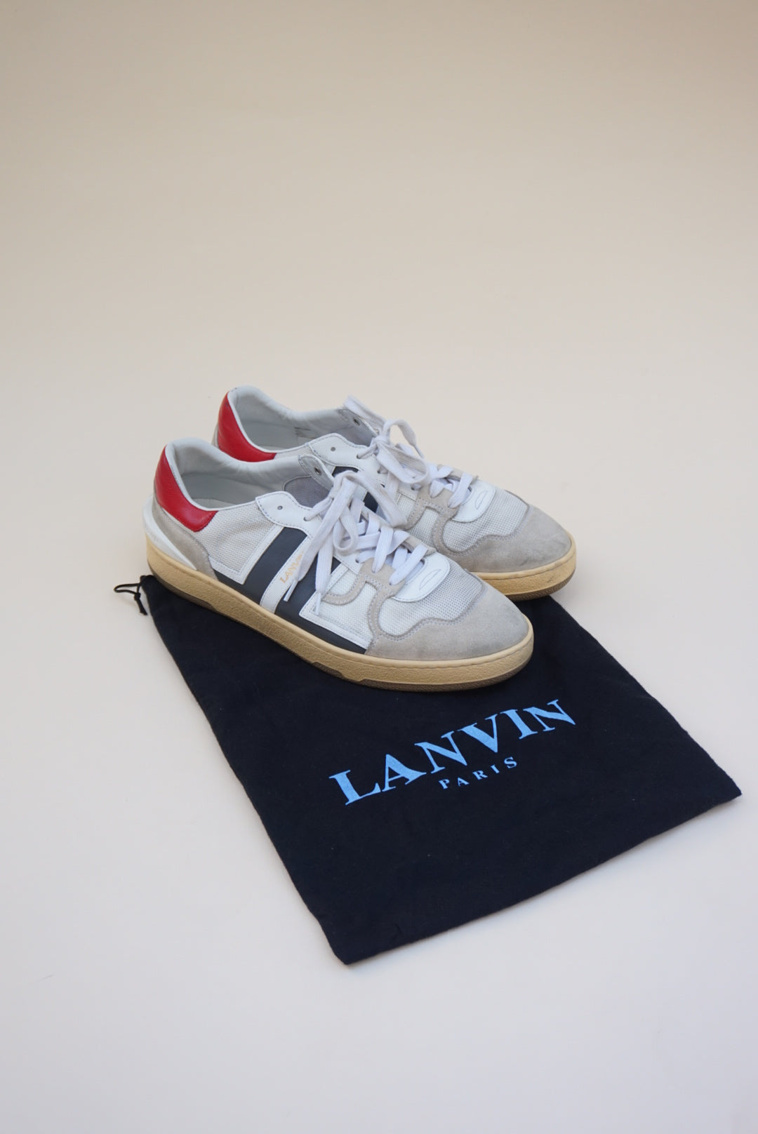 “Lanvin” White/Red/Navy Mesh Clay Sneakers - Size 45